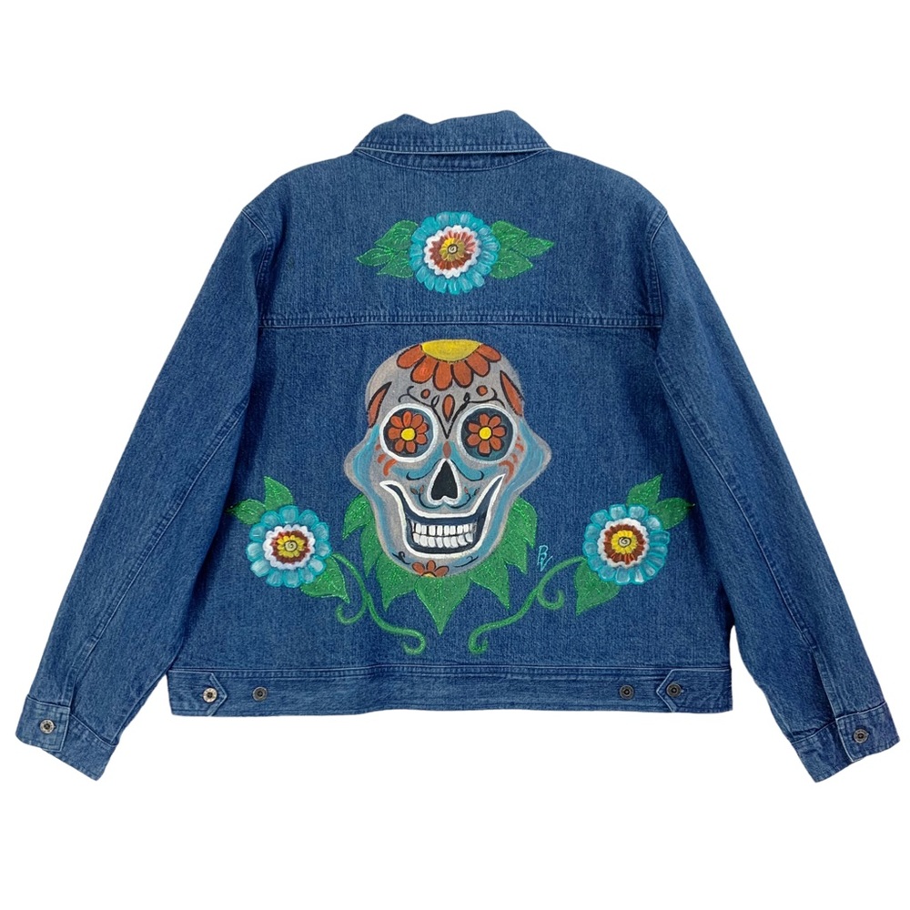 Hand Painted Blue Denim Jeans Jacket with Sugar Skull and Floral Motif